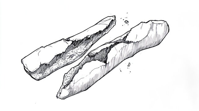Black and white illustration of two broken, oblong stone implements on a white backdrop