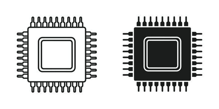 Integrated circuit chip in black and white outline against a plain background