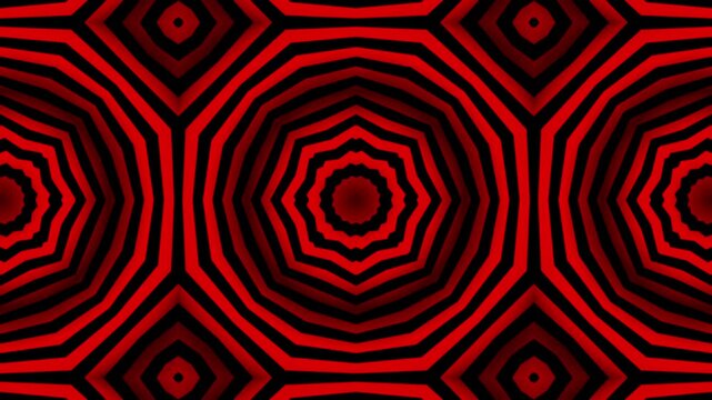 Kaleidoscope red and black concentric shapes pulse hypnotically. Geometric patterns create a mesmerizing visual rhythm.