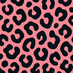 Obraz premium Seamless pink leopard print vector background. Trendy black animal skin pattern, abstract cheetah spots texture wallpaper. Perfect for fashion textiles, wrapping paper and modern web design. EPS