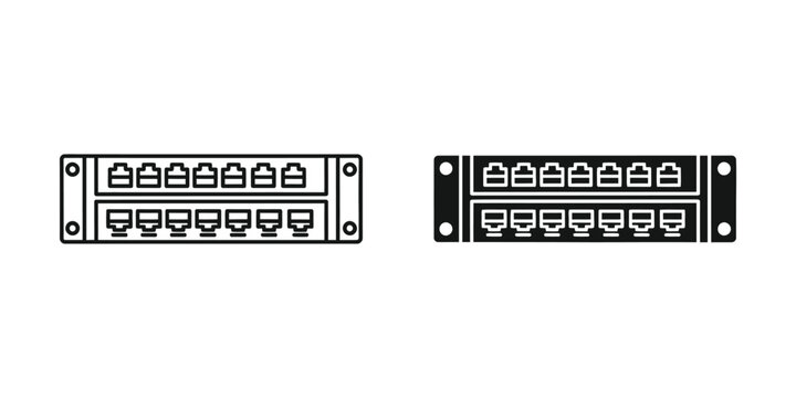 Network patch panel with RJ45 ports in clean line art and solid icon styles against white background for technology concepts