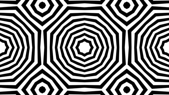 Kaleidoscope white and black concentric shapes pulse hypnotically. optical spiral motion.