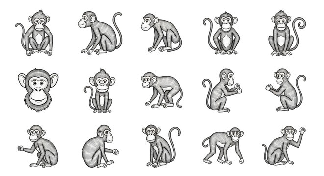 Monkey Pencil Sketch Illustration, Hand Drawn Wildlife Animal Portrait and Jungle Nature Artwork