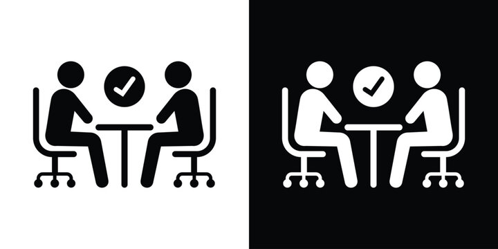 Business interview icon set showing two people sitting at a table with a checkmark symbol in black and white styles.