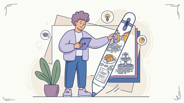 Young man with tablet creates art ideas visualizing a quaint town squares while planning projects