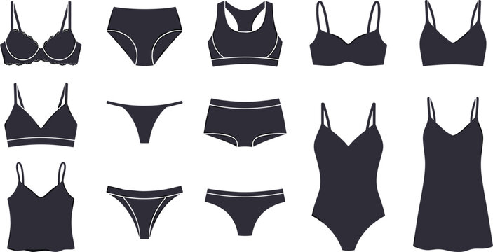 Women underwear and sleepwear vector illustration set featuring black silhouettes of bras panties sports top bodysuit nightgown and camisole on white background.