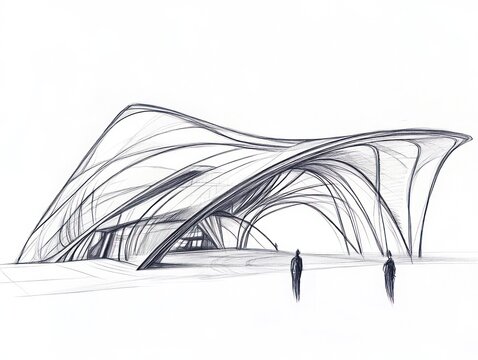 Architectural sketch of a modern, curved building with intricate lines and two tiny figures