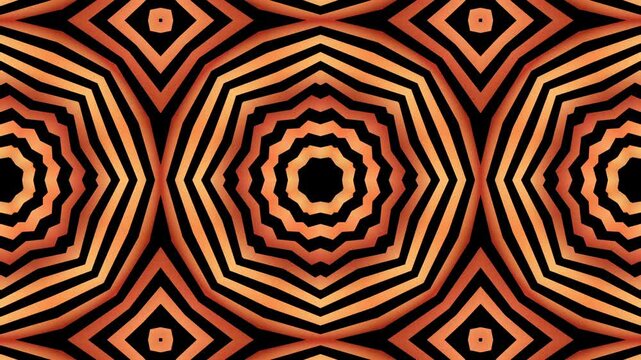 Kaleidoscope brown and black concentric shapes pulse hypnotically. decorative illusion.