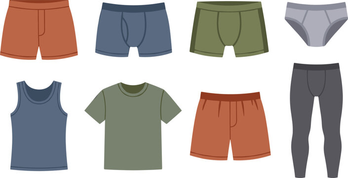 Men underwear and loungewear vector illustration set featuring boxer briefs trunks undershirt t shirt tank top and leggings isolated on white background.
