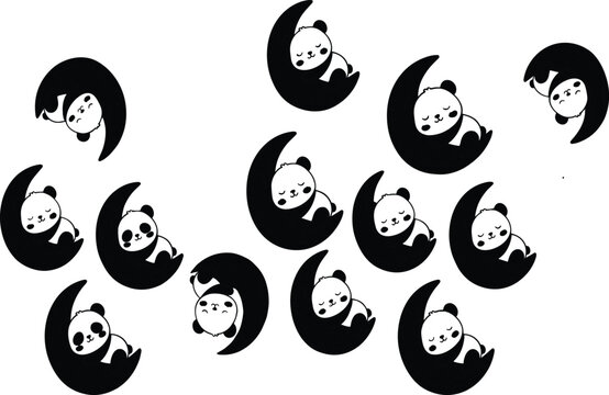 Collection of Cute Panda Bears Sleeping on Crescent Moon Symbols Minimalist Black and White Vector Patterns for Nursery and Bedtime Designs