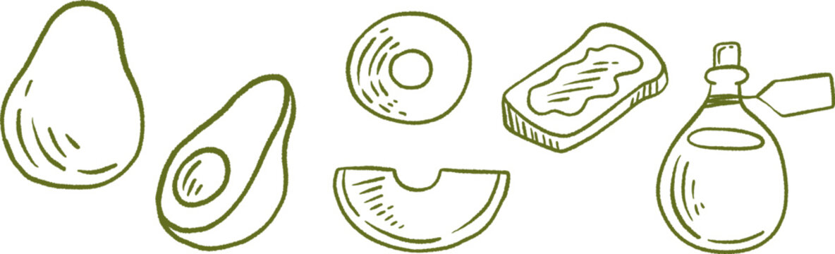 Hand drawn doodle style avocado vector illustration set. Isolated elements of whole avocado, cut halves with pit, round slice, toast, and oil bottle on white background.