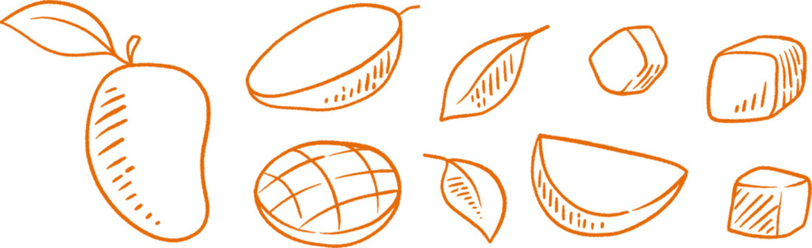 Hand-drawn doodle mango fruit vector illustration set. Isolated orange outline elements of whole mango with leaf, halves, slices and diced cubes on white background.
