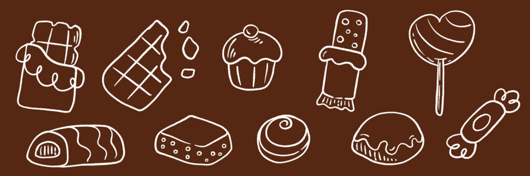 Hand drawn chalk style chocolate and dessert vector illustration set. Collection of various sweet icons including bars, candy, cupcake, roll and lollipop on brown background.