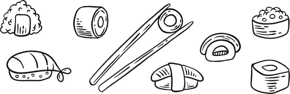 Japanese sushi and seafood hand-drawn doodle vector illustration set. Black outline icons of nigiri, maki rolls, onigiri, gunkan and chopsticks on white background.
