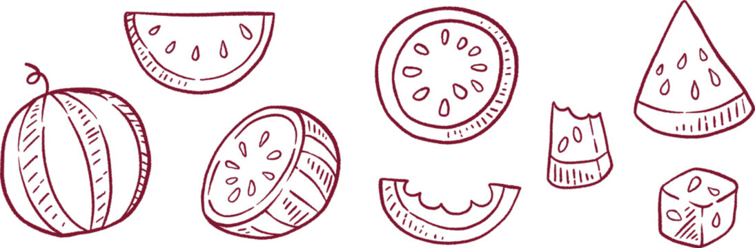 Hand-drawn doodle style watermelon fruit vector illustration set. Burgundy red outline elements of whole watermelon, halves, slices, wedges and diced cubes on white background.