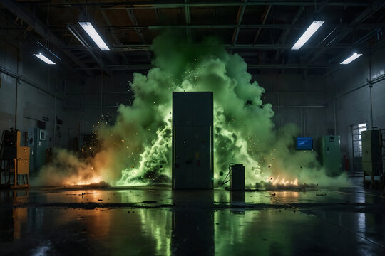 Industrial accident with toxic green smoke and explosion from electrical machine