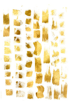 Old gold texture set with gold paper particles and gold flakes that shimmer. Watercolor gold foil pieces flake.  Ideal for flyer, packaging, invitation, cover, business card. gold foil borders. PNG