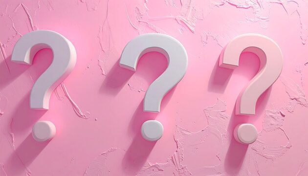 Three question marks, one pink and two whites, sit on a textured pink background. A sense of mystery and curiosity pervades