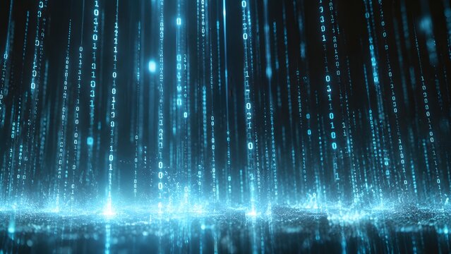 Blue digital rain of binary code falling in a futuristic data space environment. This technology graphic is ideal for cybersecurity topics and software development news.