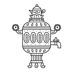Naklejka premium Traditional russian samovar isolated on white background. Line illustration of vintage tea culture object. Coloring page. Russian Culture Icon.