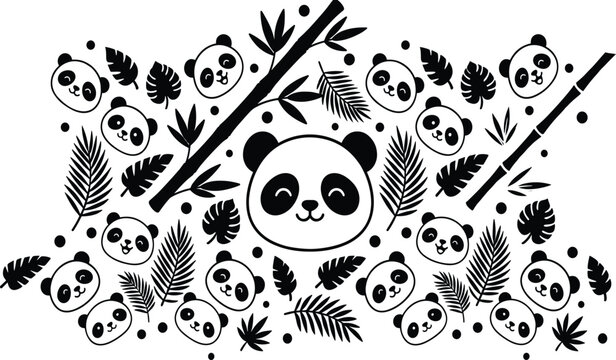 Minimalist Panda Pattern Background Featuring Cute Panda Faces, Bamboo Stalks, and Tropical Leaves for Textile, Wallpaper, and Nature Themed Graphic Designs
