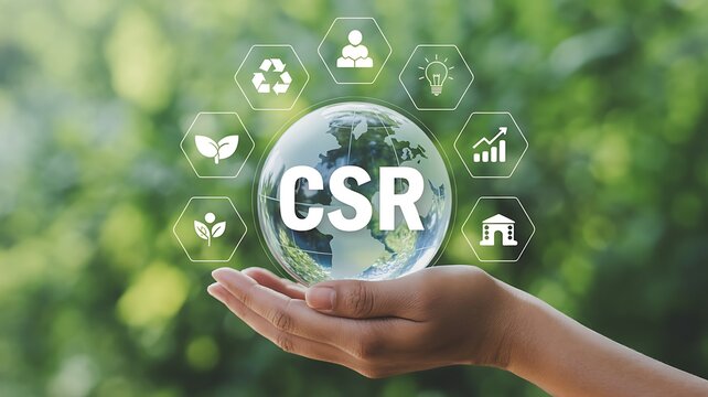 Hand holding globe with csr and icons for sustainability
