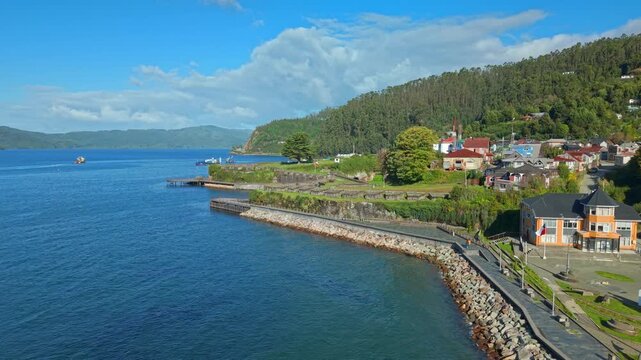 Aerial Establishing of Corral Bay Coastal Waterfront and Castle in Chile Water Landscape