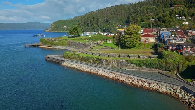 Drone Aerial Coastal Landscape at Valdivia Chile Corral Costanera Castle San Sebastian Fort Town Day View