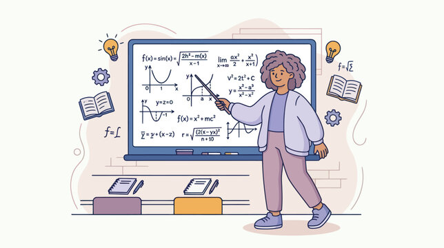 A cheerful teacher explains math equations on a whiteboard while surrounded by books and lightbulbs showing education.