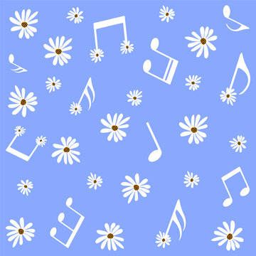 Daisy flowers and musical notes pattern on blue background, vector illustration.