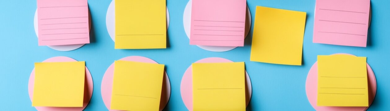 8 pink and yellow paper notes with lines, arranged flat lay on a bright blue surface with oval cutouts, symbolizing project planning, tasks, or brainstorming. ,sticky notes