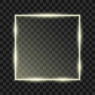 Glowing neon square frame on transparent background, vector illustration.