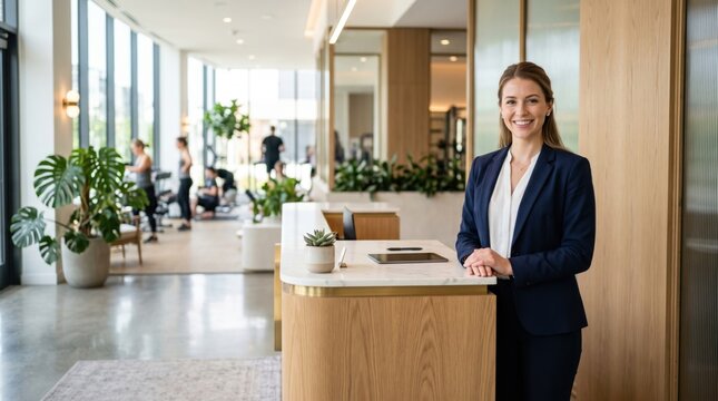 Woman receptionist standing at desk in modern fitness club. Friendly professional greeting client in bright gym interior. Corporate hospitality concept for luxury health wellness center.