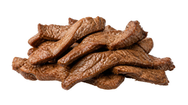 Pile of Savory Beef Jerky Strips Isolated on White Background