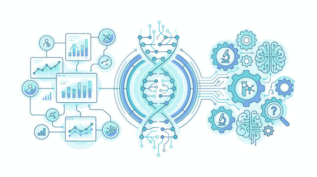 Infographic illustration of DNA double helix surrounded by various science and technology icons and graphs on a white background with a blue color scheme.