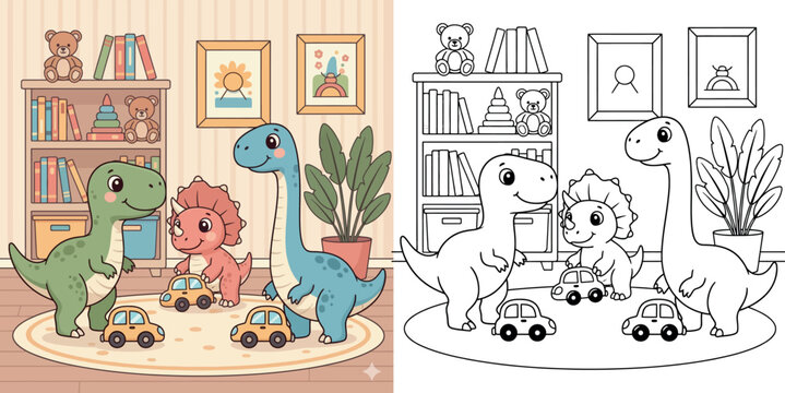 Cute Cartoon Dinosaurs Playing with Toy Cars in a Playroom Nursery with Bookshelf and Teddy Bears Illustration