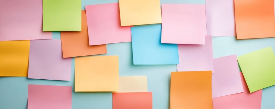 Blank Pastel Sticky Notes Scattered and Overlapping on Light Blue, Ready for Ideas, Brainstorming, Reminders. Minimalist, Organized Chaos. productivity, planning