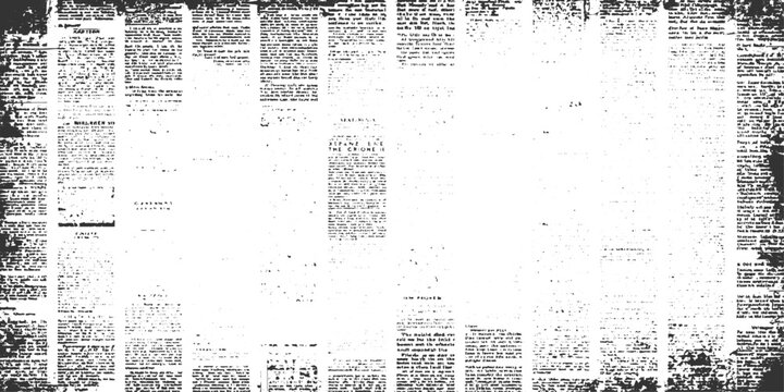 Aged newspaper paper texture with faded column text pattern, distressed grunge editorial background, retro monochrome newsprint overlay, vintage print design element transparent background