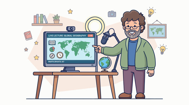 A happy teacher presenting global geography online while pointing at a map on his computer screen
