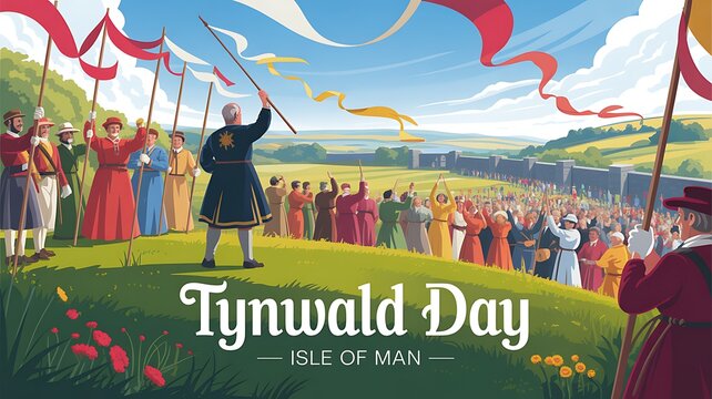 People celebrating tynwald day on isle of man with flags
