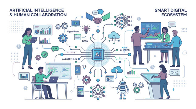 Illustration of people working with computers and collaborating on AI and digital ecosystem concepts with various icons and graphics.