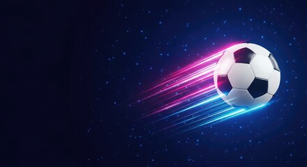 Naklejka premium Dynamic soccer ball in motion with neon lights for international football competition