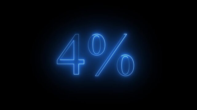 Glowing Neon Text 4% Number, Abstract Blue Color Sign with Bright Illuminated Numbers on a Black Background 
