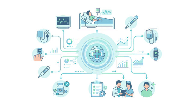 Flat lay of a healthcare technology infographic with various medical icons and people in a blue color scheme on a white background.