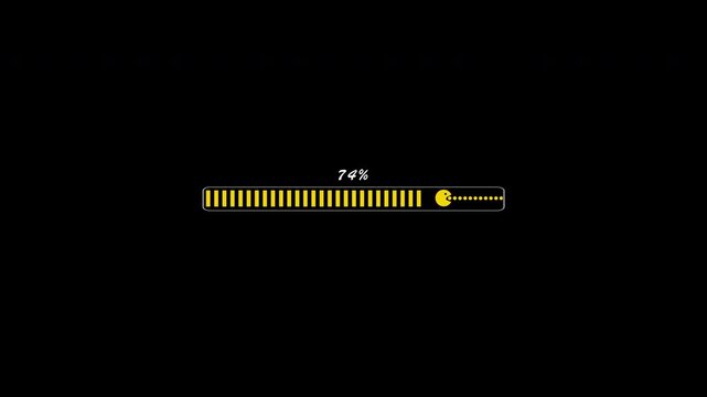 Pacman Loading Screen Animation with Progress Bar, 0 to 100 percent. Stock footage transparency alpha channel 