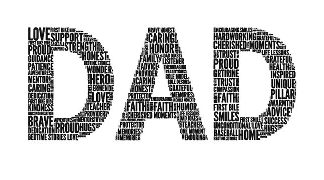 Fathers day typographic word cloud design featuring positive attributes forming the word dad isolated on a clean white background