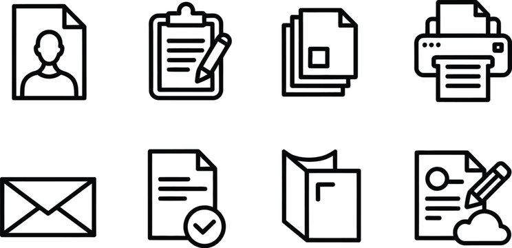 Set of office document line icons including printer clipboard mail envelope cv profile and cloud storage elements for web design.