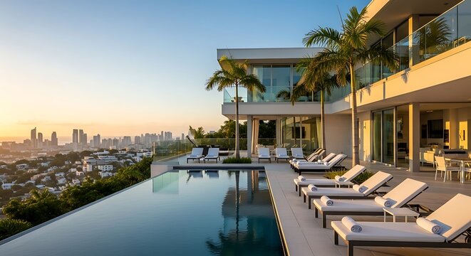 Luxurious modern villa with an infinity pool, overlooking a city at sunset