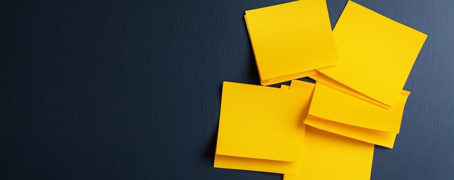 Bright yellow blank notes scattered and stacked on a textured dark blue background, offering a minimalist concept for custom text, reminders and ideas. planning, productivity