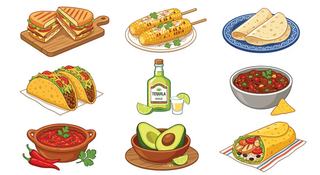 Mexican food vector illustration set with tacos burrito tequila salsa avocado and traditional dishes isolated on white